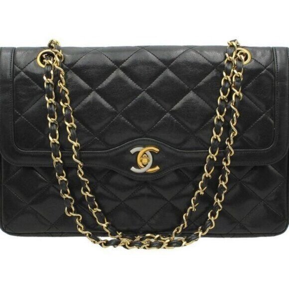 Authentic CHANEL CC Paris Limited Double Flap Bag Lambskin Matelasse Chain Black - Picture 2 of 14